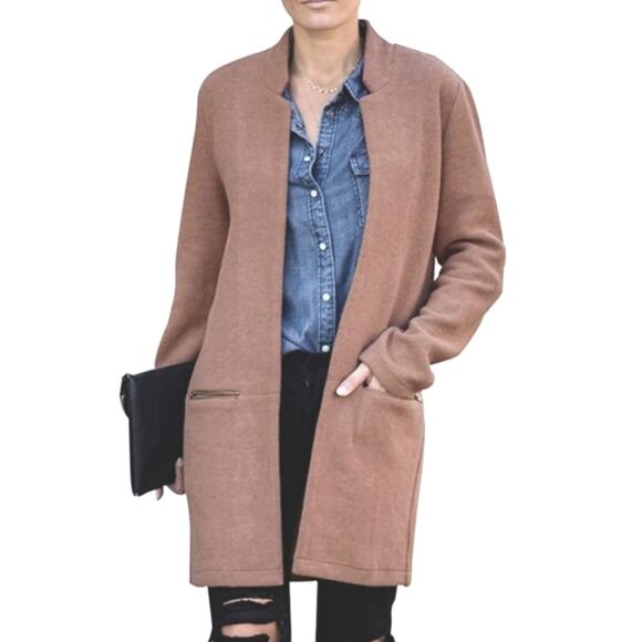 Flawless camel tan open front fleece cardigan jacket Size large Preppy Cozycore - Picture 1 of 8